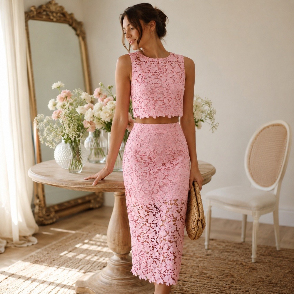 A New Day Pink Floral Lace Crop Top Midi Skirt Matching Set NWT Medium